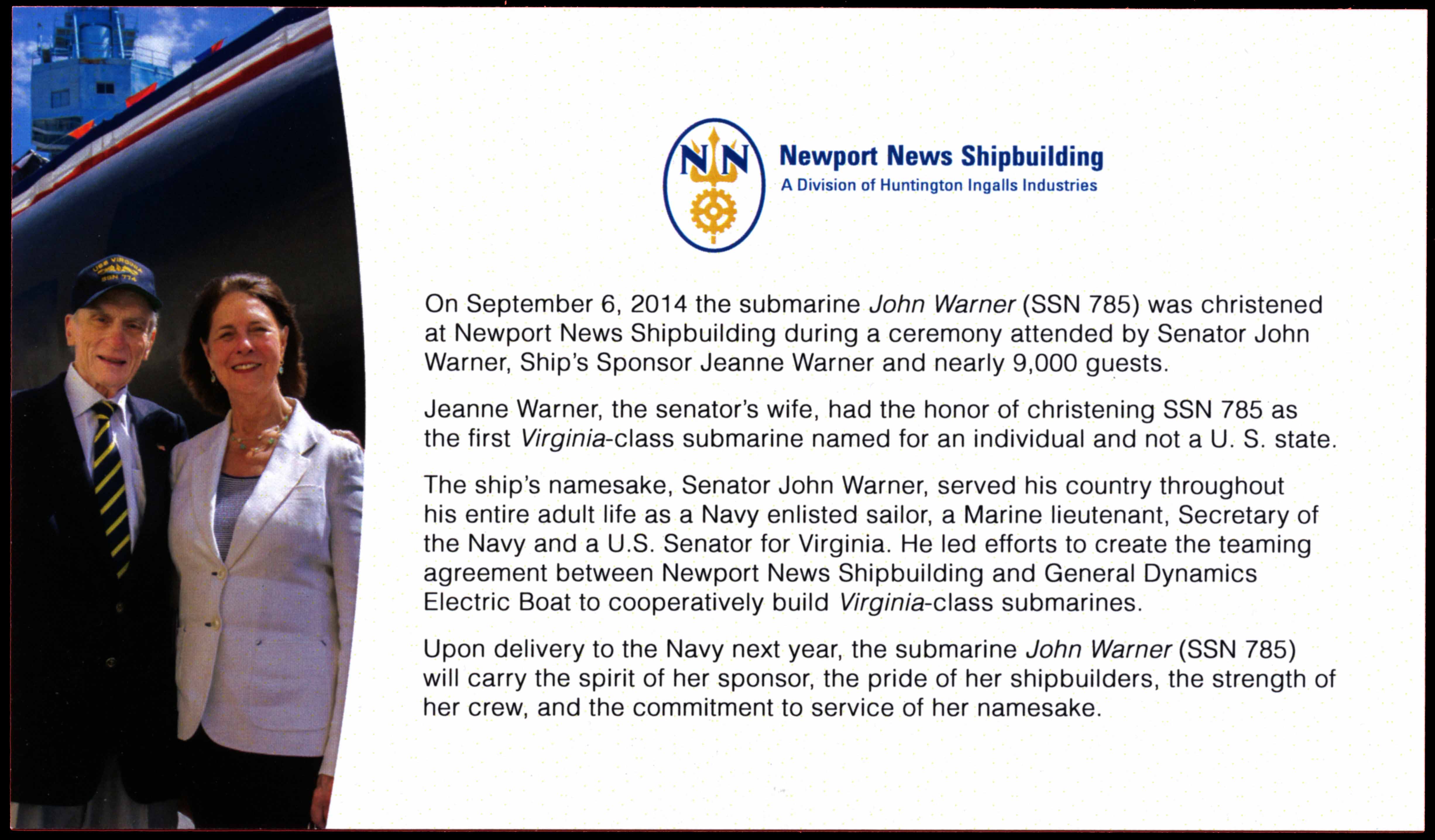 Einlegekarton (Rückseite) zu Sonderumschlag USS JOHN WARNER SSN-785 Christening von Newport News Shipbuilding