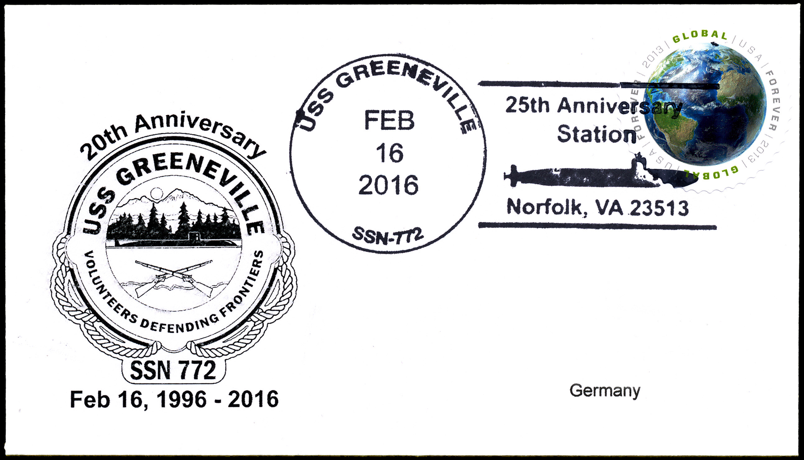 Beleg USS GREENEVILLE SSN-772  20 Jahre im Dienst mit falschem Poststempel Beleg: Wolfgang Hechler